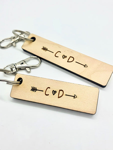 Wooden Couple's Initials Keychain | Anniversary Date Keychain