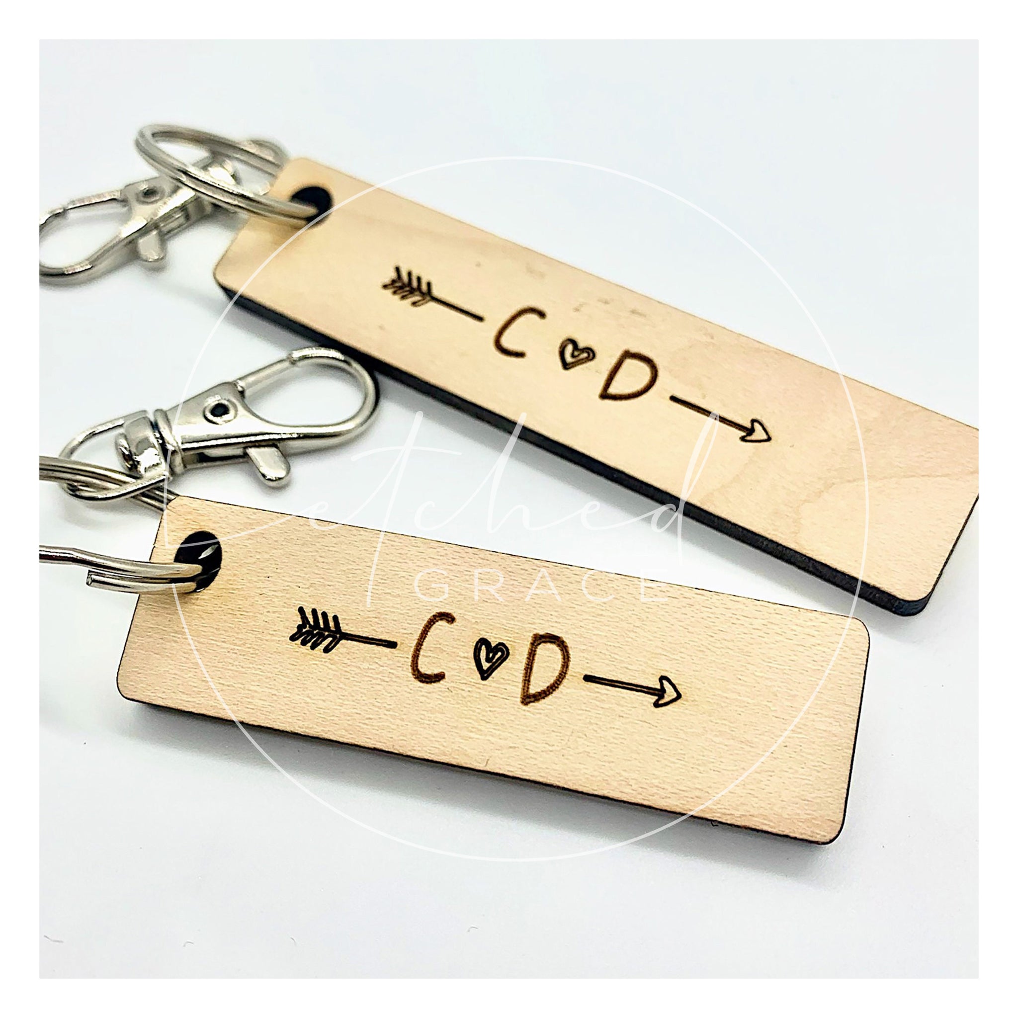 Wooden Couple's Initials Keychain | Anniversary Date Keychain